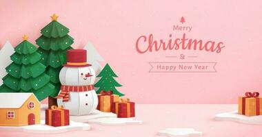 papier besnoeiing kunst stijl illustratie van roze Kerstmis kaart ontwerp. sneeuwman met geschenk dozen, Kerstmis bomen door de huis Aan een besneeuwd roze achtergrond vector