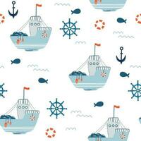 schip naadloos patroon. marinier achtergrond met visvangst schip, vis, anker, stuurinrichting wiel en golven. voor kleding stof, kinderen kleding, achtergrond, textiel, omhulsel papier. vector illustratie