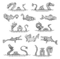 zee slang, draak en Leviathan monster schetsen vector