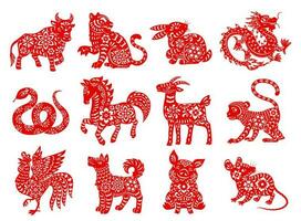 Chinese dierenriem horoscoop dieren, rood papercut reeks vector