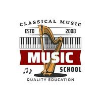 muziek- school- icoon, vector embleem met harp