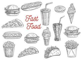 snel voedsel hamburgers, boterhammen en snacks schetsen vector