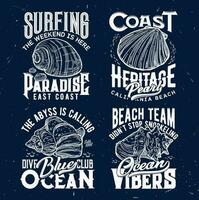 t-shirt afdrukken met oceaan schelpen, vector emblemen