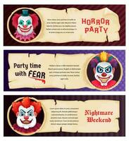 verschrikking partij clown, halloween nacht angst banners vector