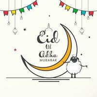 eid-ul-adha mubarak doopvont met tekening halve maan maan, tekenfilm schaap, lantaarns, sterren hangen en vlaggedoek vlaggen Aan wit achtergrond. vector