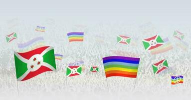 mensen golvend vrede vlaggen en vlaggen van burundi. illustratie van menigte vieren of protesteren met vlag van Burundi en de vrede vlag. vector