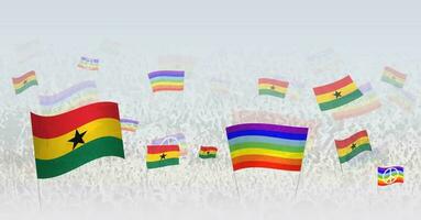 mensen golvend vrede vlaggen en vlaggen van Ghana. illustratie van menigte vieren of protesteren met vlag van Ghana en de vrede vlag. vector
