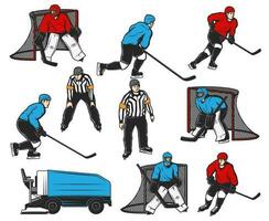 ijs hockey spelers pictogrammen en sport baan uitrusting vector