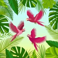 roze papegaaien, groene palmbladeren, jungle bladeren samenstelling. mooie bloemen zomer tropische vectorillustratie geïsoleerd. exotische vogel print. vector