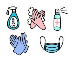 hand- ontsmettingsmiddel, medisch masker, handschoenen en zeep vector