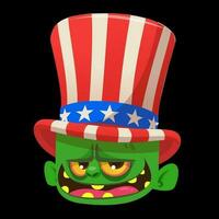 grappig groen tekenfilm monster vervelend oom Sam hoed. ontwerp karakter voor Amerikaans onafhankelijkheid dag. vector illustratie voor afdrukken of decoratie