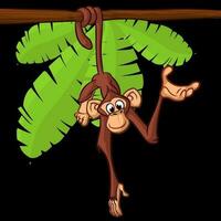 schattig tekenfilm aap hangende Aan de boom Afdeling met zijn staart vector