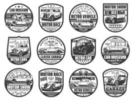 motor show, retro auto's races en museum pictogrammen vector