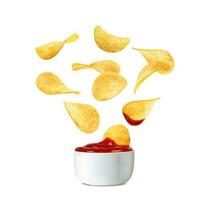 vallend realistisch krokant aardappel chips en ketchup vector