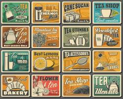 thee Tassen, accessoires en bakkerij winkel retro poster vector