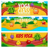 kinderen yoga, tekenfilm fruit tekens geschiktheid vector