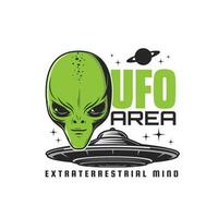 ufo zone, buitenaards wezen gezicht en ruimteschip vector icoon