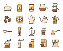 koffie drankjes, bonen en potten lijn vector icoon reeks