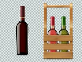 geïsoleerd wijn fles en houten geval of doos vector