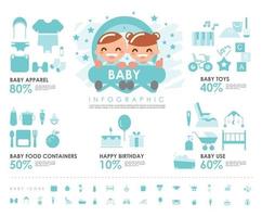 baby info afbeelding met babykleding pictogrammen baby speelgoed pictogrammen babyvoeding pictogrammen en baby gebruik iconen vector ontwerp