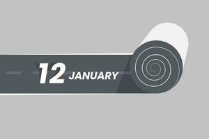 januari 12 kalender icoon rollend binnen de weg. 12 januari datum maand icoon vector illustrator.