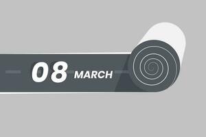 maart 8 kalender icoon rollend binnen de weg. 8 maart datum maand icoon vector illustrator.