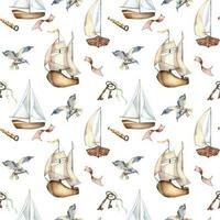 naadloos patroon van het zeilen boten wijnoogst stijl waterverf illustratie geïsoleerd Aan wit. schip, vogel, roestig sleutel hand- getrokken. kinderachtig ontwerp, jongens afdrukken, achtergrond, textiel, behang, verpakking vector