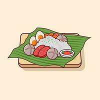 nasi Lemak vector detail, met tofu, gebakken kip en Chili Indonesisch voedsel icoon