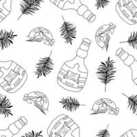 naadloos patroon met hand- getrokken tekening rum fles met palm boom Bij zonsondergang Aan de etiket en palm bladeren elementen. zwart elementen Aan een wit achtergrond vector