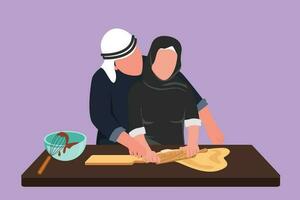 tekenfilm vlak stijl tekening romantisch Arabisch paar op zoek Bij elk andere terwijl rollend zacht deeg gedurende gebakje voorbereiding in keuken Bij huis. familie Koken samen. grafisch ontwerp vector illustratie