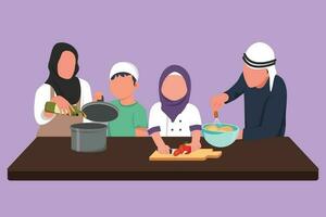 tekenfilm vlak stijl tekening Arabisch familie mama, pa, weinig dochter en zoon zijn Koken heerlijk voedsel samen in keuken voor avondeten Bij huis. keukengerei, servies. grafisch ontwerp vector illustratie