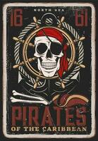 piraat wijnoogst poster, schedel en schip achor vector