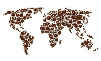 chocola bars en snoepjes wereld kaart, zoet voedsel vector