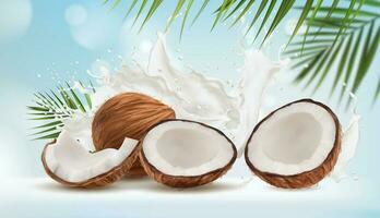 kokosnoot melk plons en palm bladeren achtergrond vector