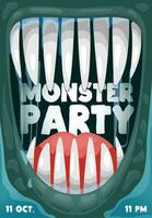 halloween partij poster met eng monster mond vector