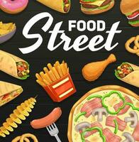 straat voedsel, Fast food maaltijden vector tekenfilm poster