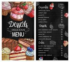 desserts en cakes menu schoolbord schetsen vector