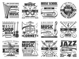 muziek- winkel, festival en school- retro vector pictogrammen