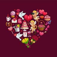 hart van valentijnsdag dag geschenken, bloemen en cupido's vector