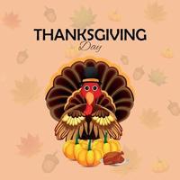 thanksgiving day viering wenskaart met kalkoenvogel en pompoen met autumin bladeren vector