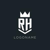 rh logo met schild en kroon, eerste monogram logo ontwerp vector