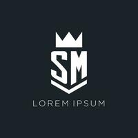 sm logo met schild en kroon, eerste monogram logo ontwerp vector