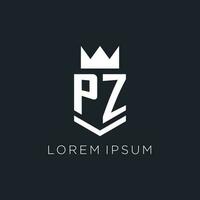 pz logo met schild en kroon, eerste monogram logo ontwerp vector