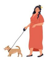 vol vlak mooi jong vrouw in een jurk wandelen een hond Aan een riem. vector geïsoleerd illustratie van een meisje met een huisdier.