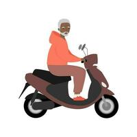 senior Mens op reis Aan modern motor scooter. oud Mens rijden elektrisch scooter vector