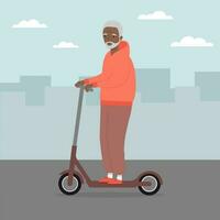 senior Mens rijden trap scooter. oud Mens rijden elektrisch scooter in de stad vector