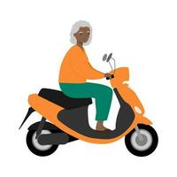 senior vrouw op reis Aan modern motor scooter. oud vrouw rijden elektrisch scooter. geïsoleerd vector illustratie