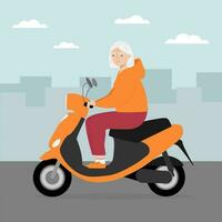 senior vrouw op reis Aan modern motor scooter. oud vrouw rijden elektrisch scooter in de stad vector