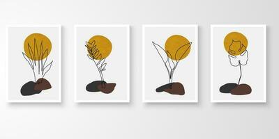 reeks van muur kunst in wit frames.gebladerte lijn kunst tekening met abstract biologisch vorm samenstelling aarde toon. maan planten steen kunst vector illustratie.