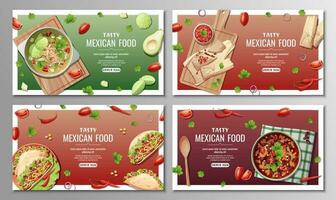Mexicaans voedsel banners set. tamales, taco's, limoen en Boon soep. achtergrond, webbanner, poster, advertentie van traditioneel Mexicaans keuken vector